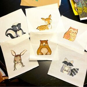 Set of 6, cross stitch artwork, forest animals for baby’s room. Handmade.